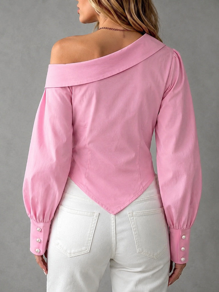 Asymmetric Off-shoulder Shirt With A Folded Collar, Fitted Waist, And Pointed Hem