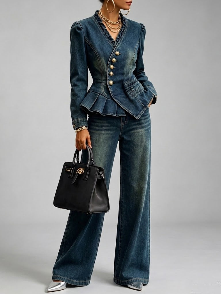 Vintage-style Ruffled Denim Top And Pants Two-piece Set