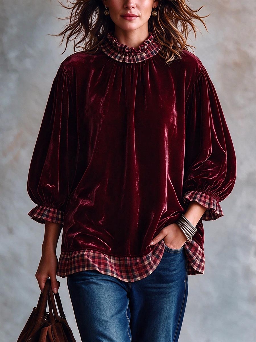 Plaid Trim Velvet Ruffle Mock Neck Blouse