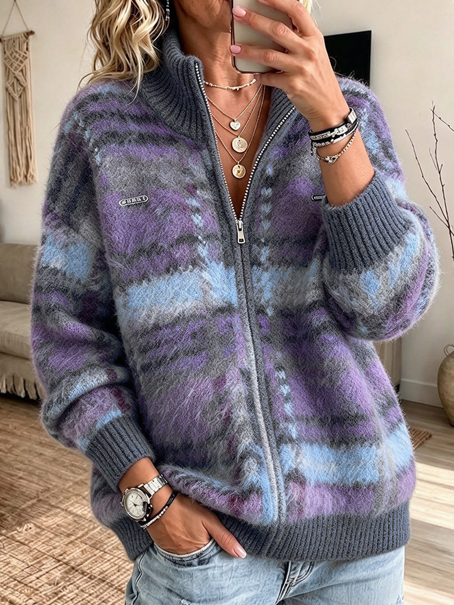 Checkered Plush Mohair-blend Zip-up Cardigan– lavelleas