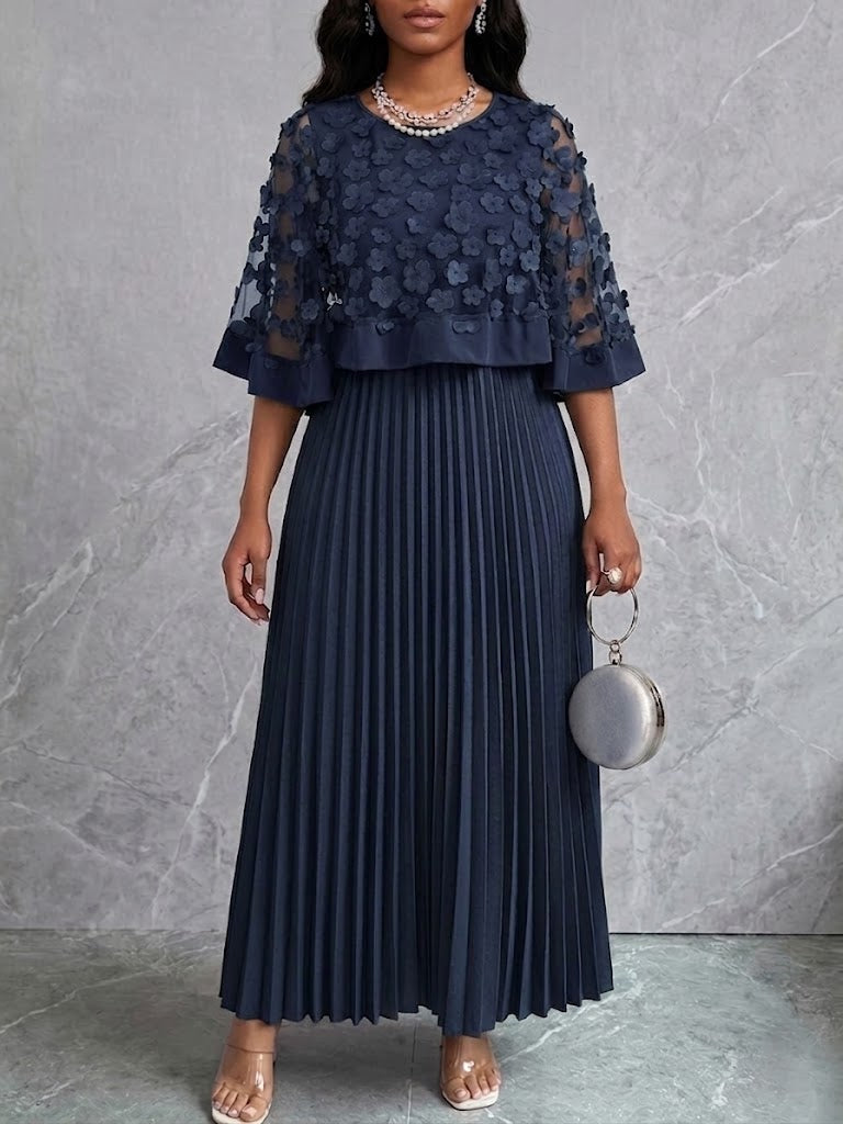 Mid-length Dress Featuring A Spliced mesh Cape With 3d Floral Appliqués