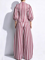 Vintage-style Burgundy And White Striped Cotton-linen Two-piece Set