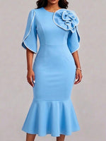 3d Floral Applique Flare Sleeve Mermaid Midi Dress