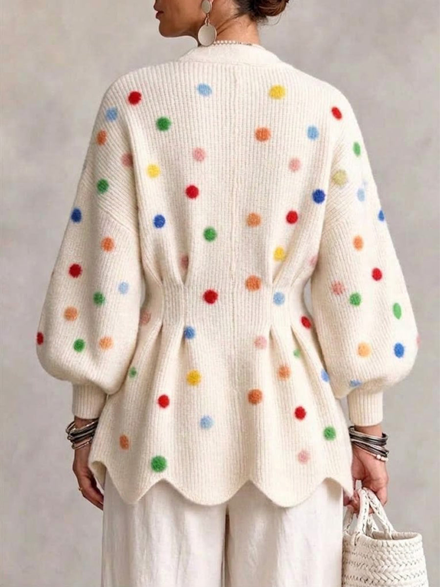 V-neck Knit Cardigan With Colorful Polka Dots And A Waist-cinching Fit