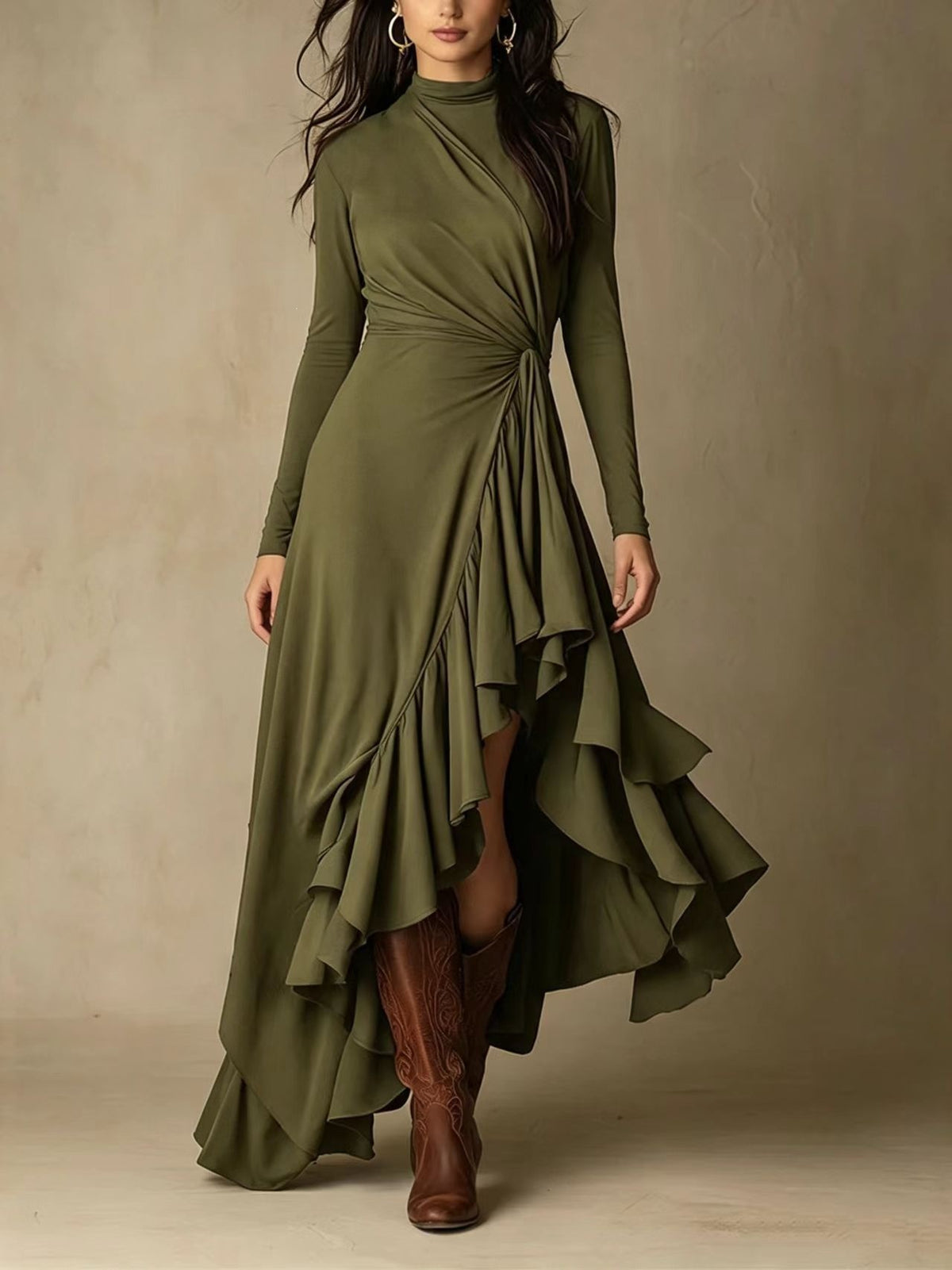 Chic Asymmetric Knitted Midi Dress With A Twisted, Waist-defining Detail