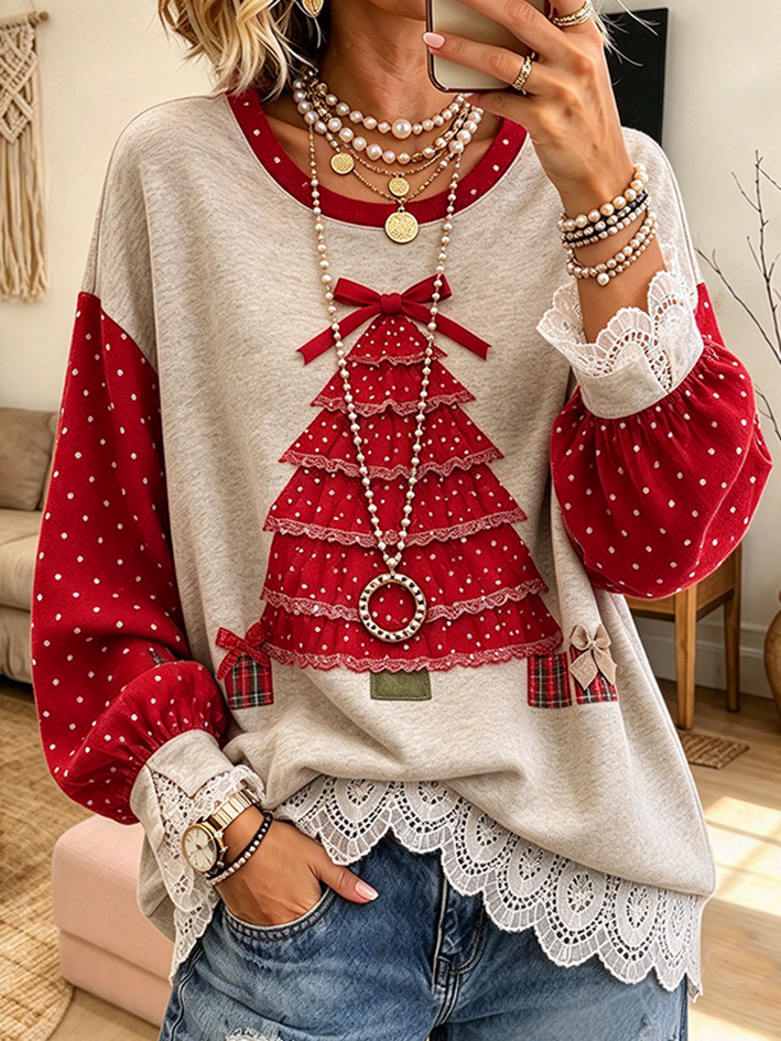 Casual Polka Dot Christmas Tree Sweatshirt