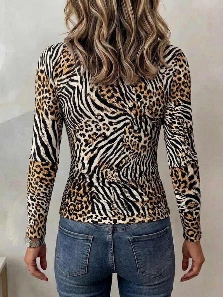 Ribbed Long-sleeve Knit Top Featuring A Leopard And Zebra Print Patchwork Design, Cut-out Details, And A Deep V-neck
