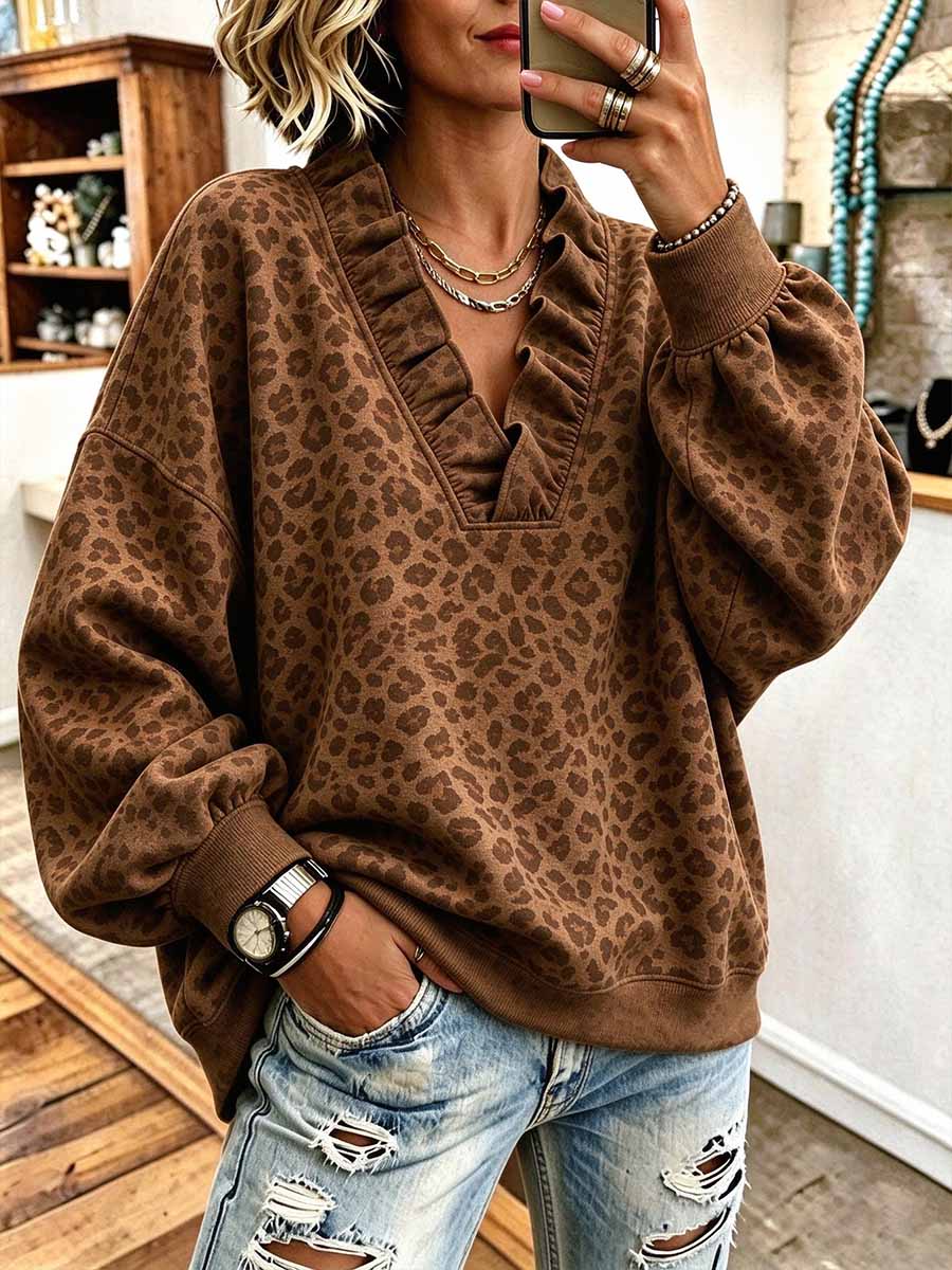 Women's Leopard Print V-Neck Long Sleeve Ruffle Trim Pullover Sweatshirt