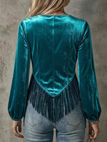 Women's Solid Color V-neck Long-sleeve Slim-fit Tassel Top