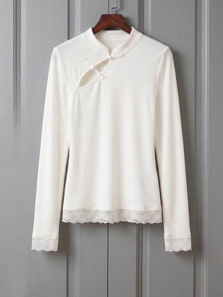 Long-sleeved, Slim-fit Top Featuring A Stand Collar, Traditional Chinese-style Knotted Buttons (pankou), Cut-out Details, And Lace Panels