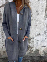 Women's Solid Color Collared Long Sleeve Casual Loose Hooded Knit Cardigan