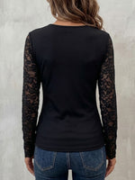 Slim-fit Long-sleeve Top With Scalloped V-neck And Lace Detailing