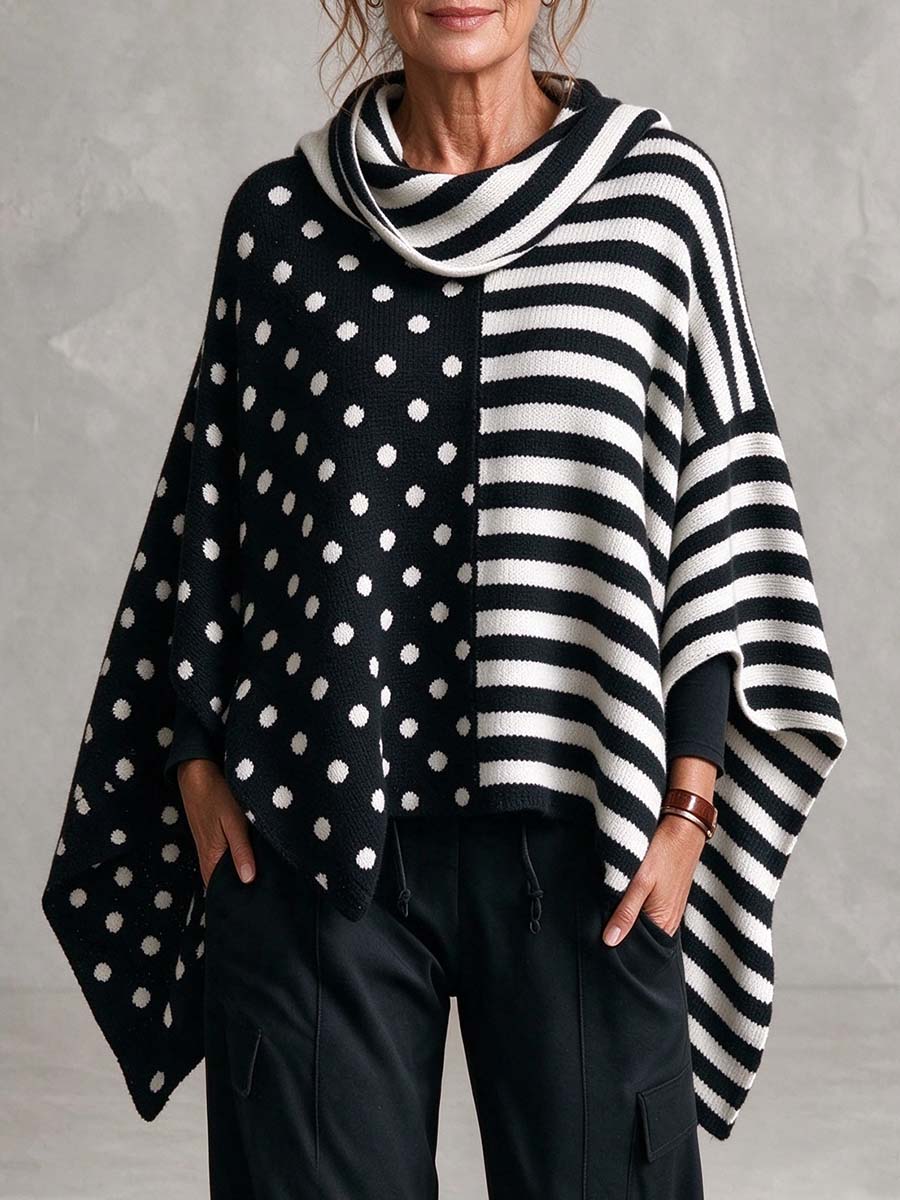 Women's Black And White Polka Dot And Striped Poncho Sweater