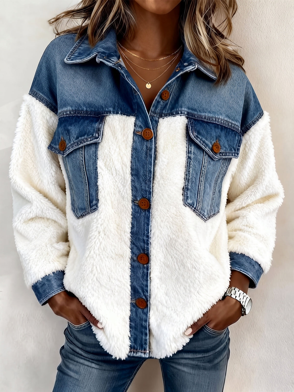 Cozy Denim And Sherpa Colorblock Jacket