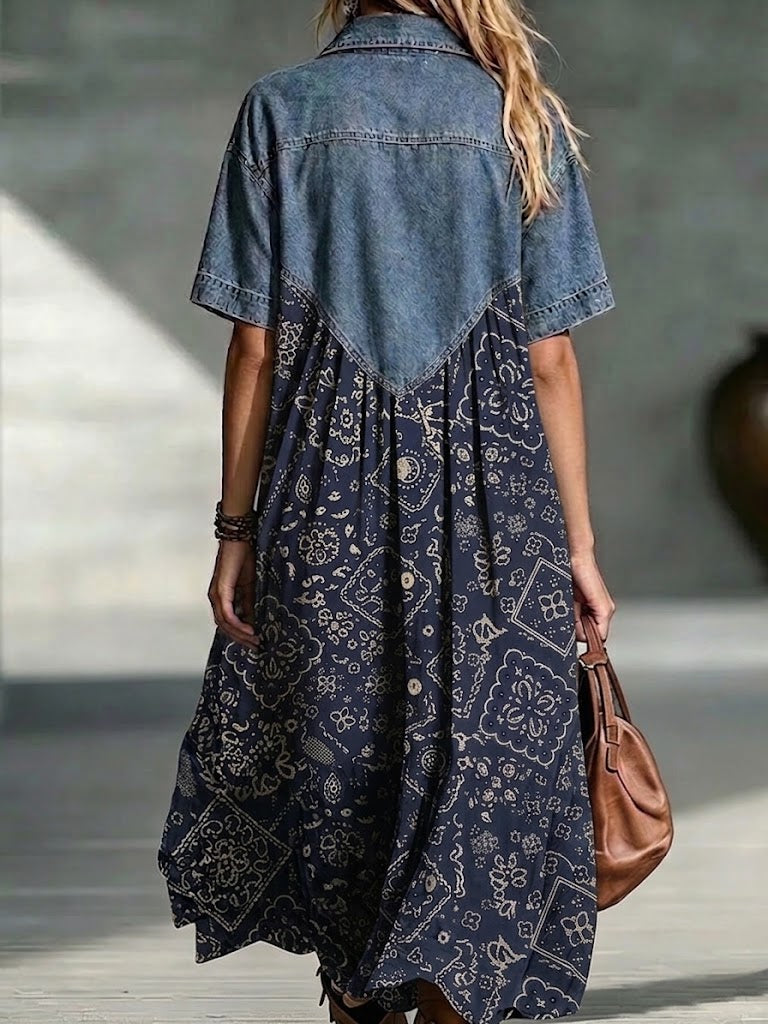 Midi Shirt Dress With Denim Patchwork And Vintage Paisley Print
