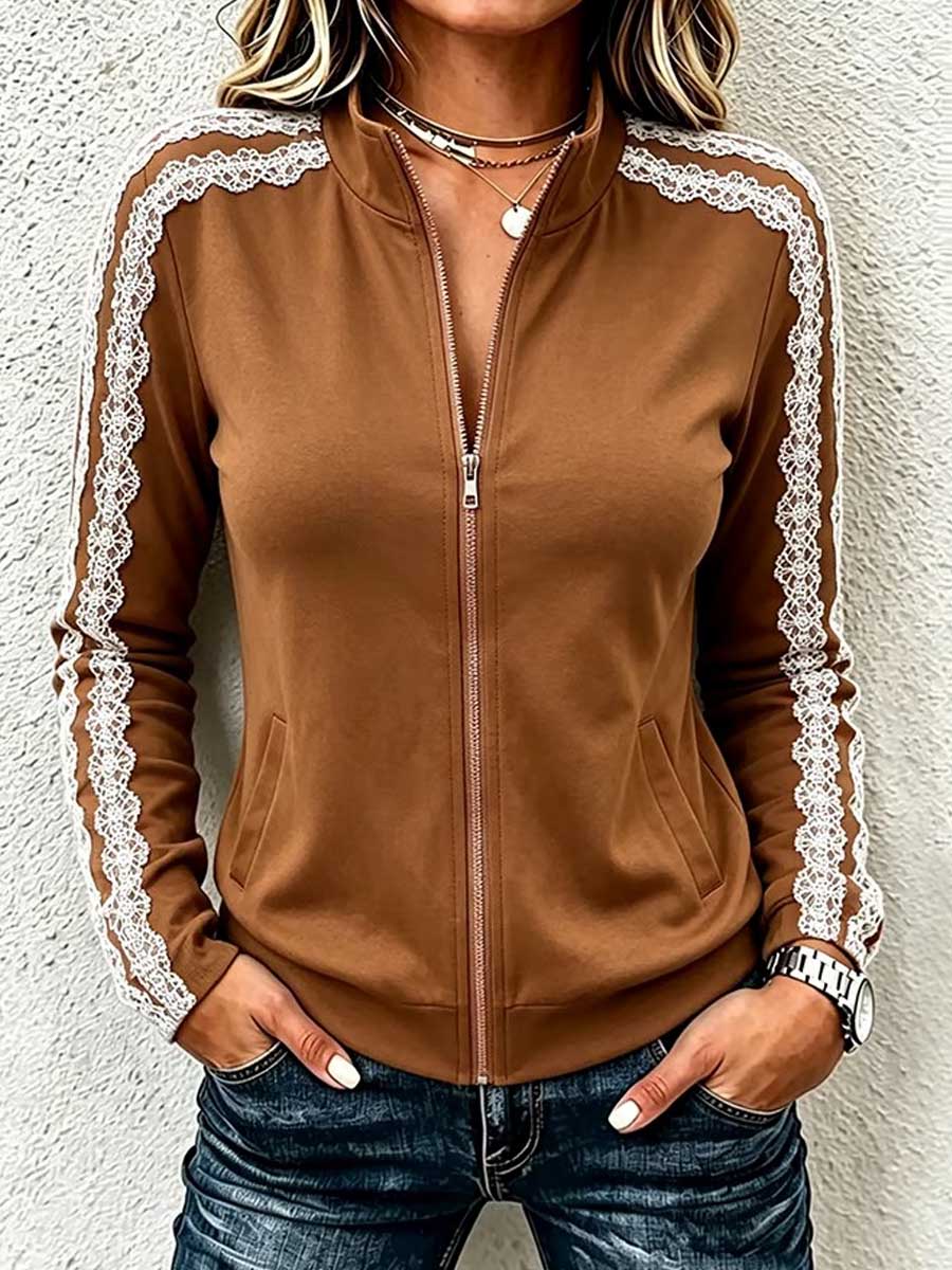 Women's Stand-collar Long-sleeve Loose-fit Faux Suede And Lace-panel Cardigan