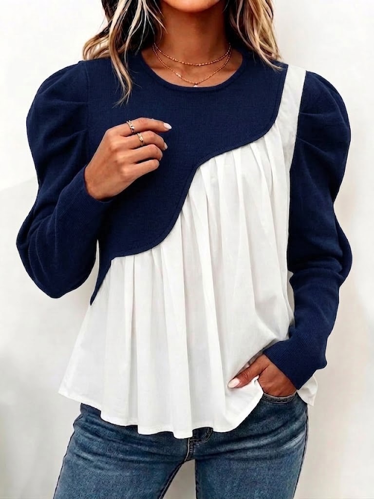 Knit And Pleated Chiffon Top With An Asymmetric Hem