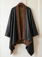 Edgy Leopard-Print Trim Faux-Leather Cardigan