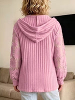Solid-color Hooded Long-sleeve Lace-knit Top With Cut-out Details