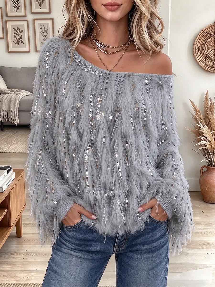 Women's One-Shoulder Fluffy Sequin Embellished Sweater