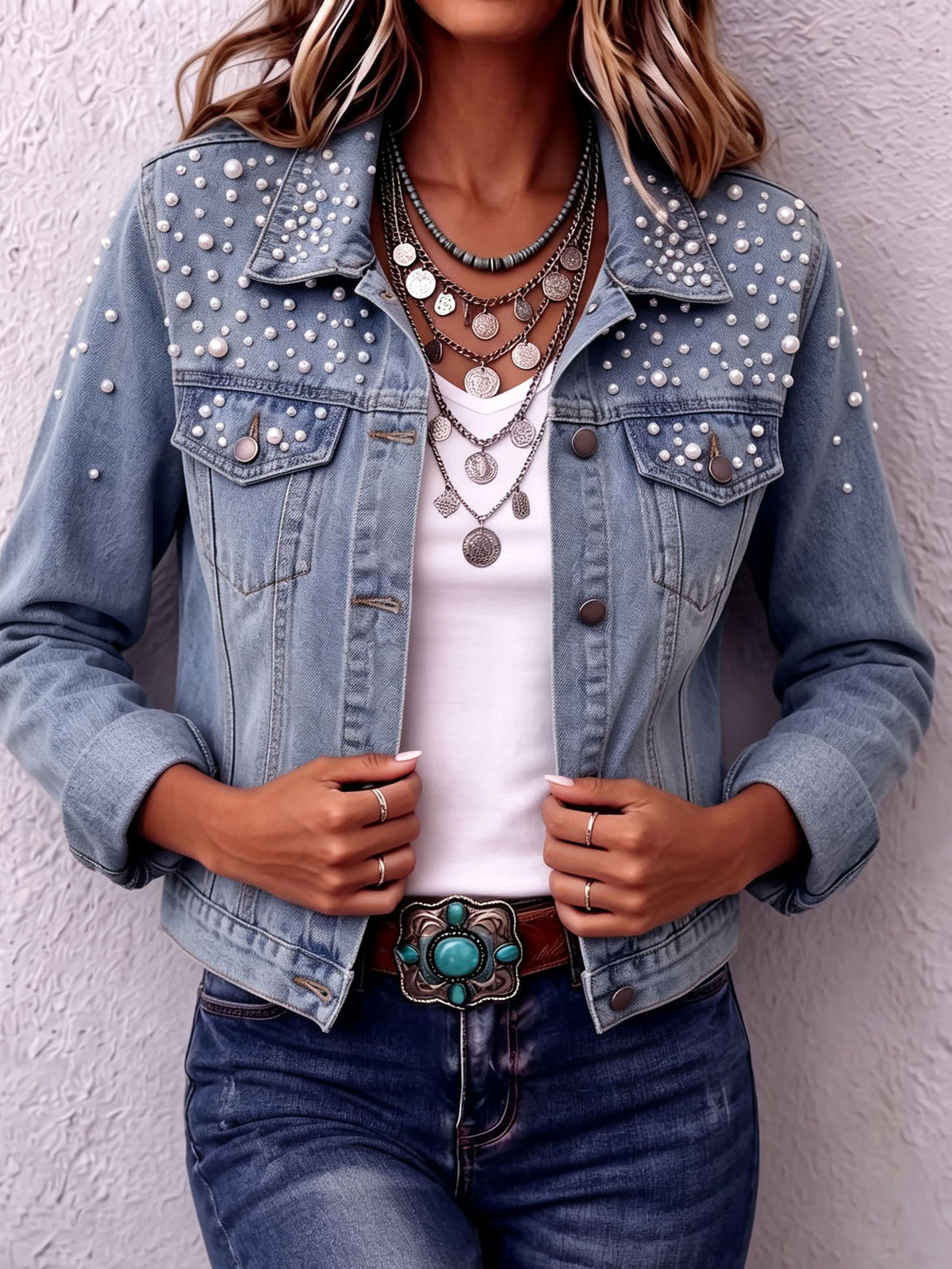 Chic Trendy Pearl Beaded Denim Jacket