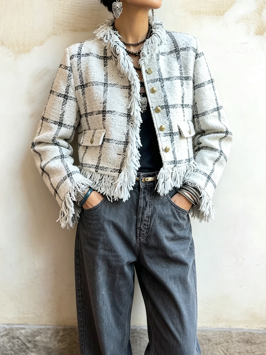 Chic Elegant Plaid Tweed Fringe Jacket