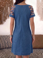 Women's V-neck Hollowed-out Short-sleeved Casual Loose Denim Dress