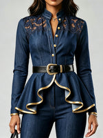 Stylish Casual Denim Shirt With Lace Paneling