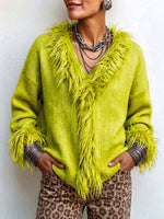 Women's Lime Green Fuzzy Trim V-neck Knit Sweater