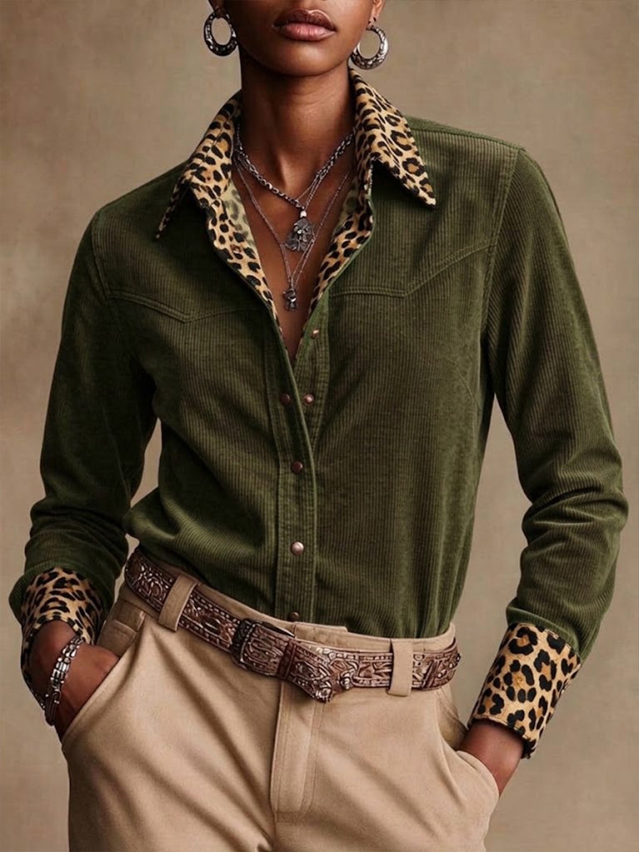 Casual Corduroy And Leopard-print Patchwork Shirt