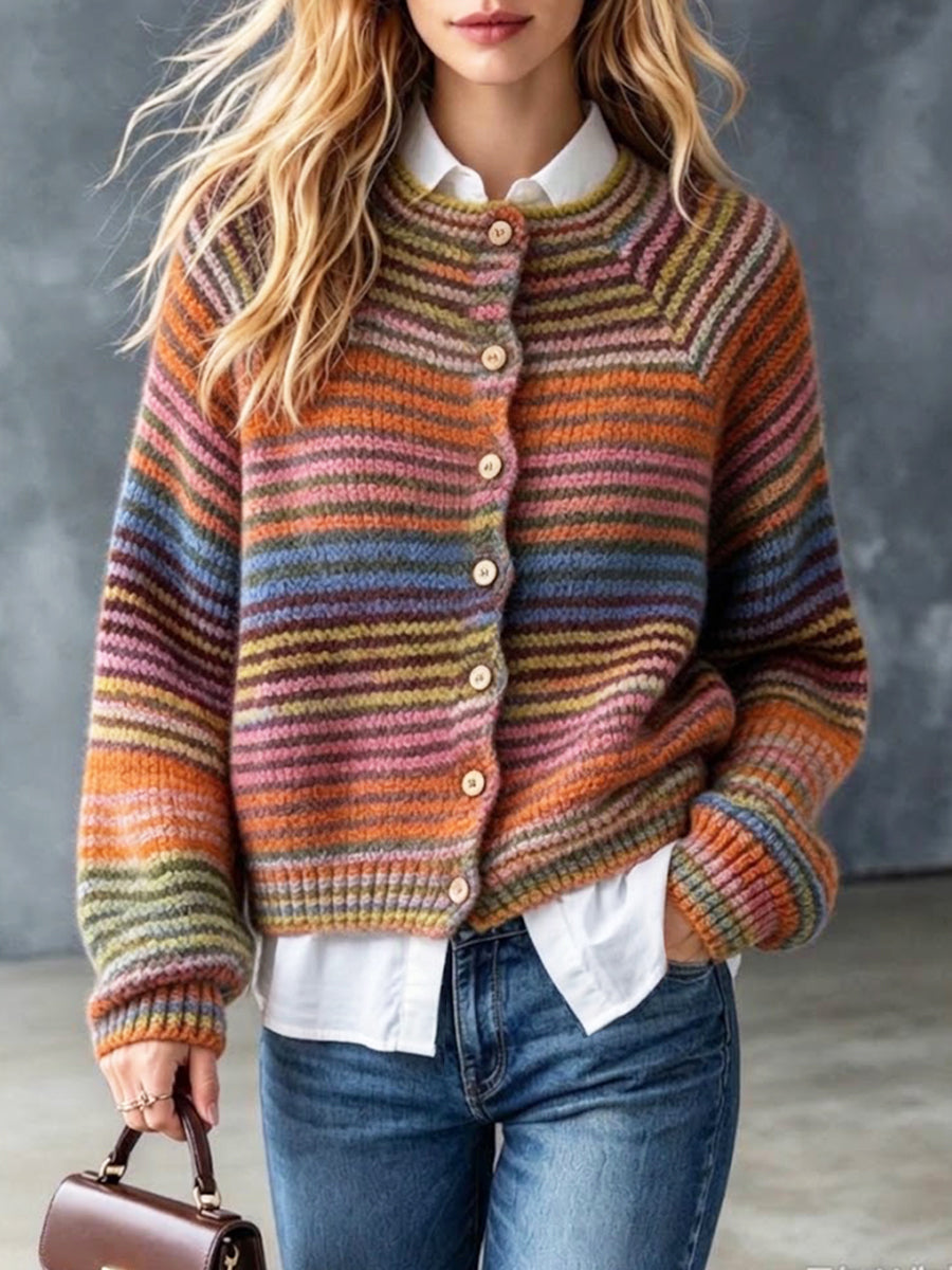 Chic Rainbow-striped Chunky-knit Cardigan