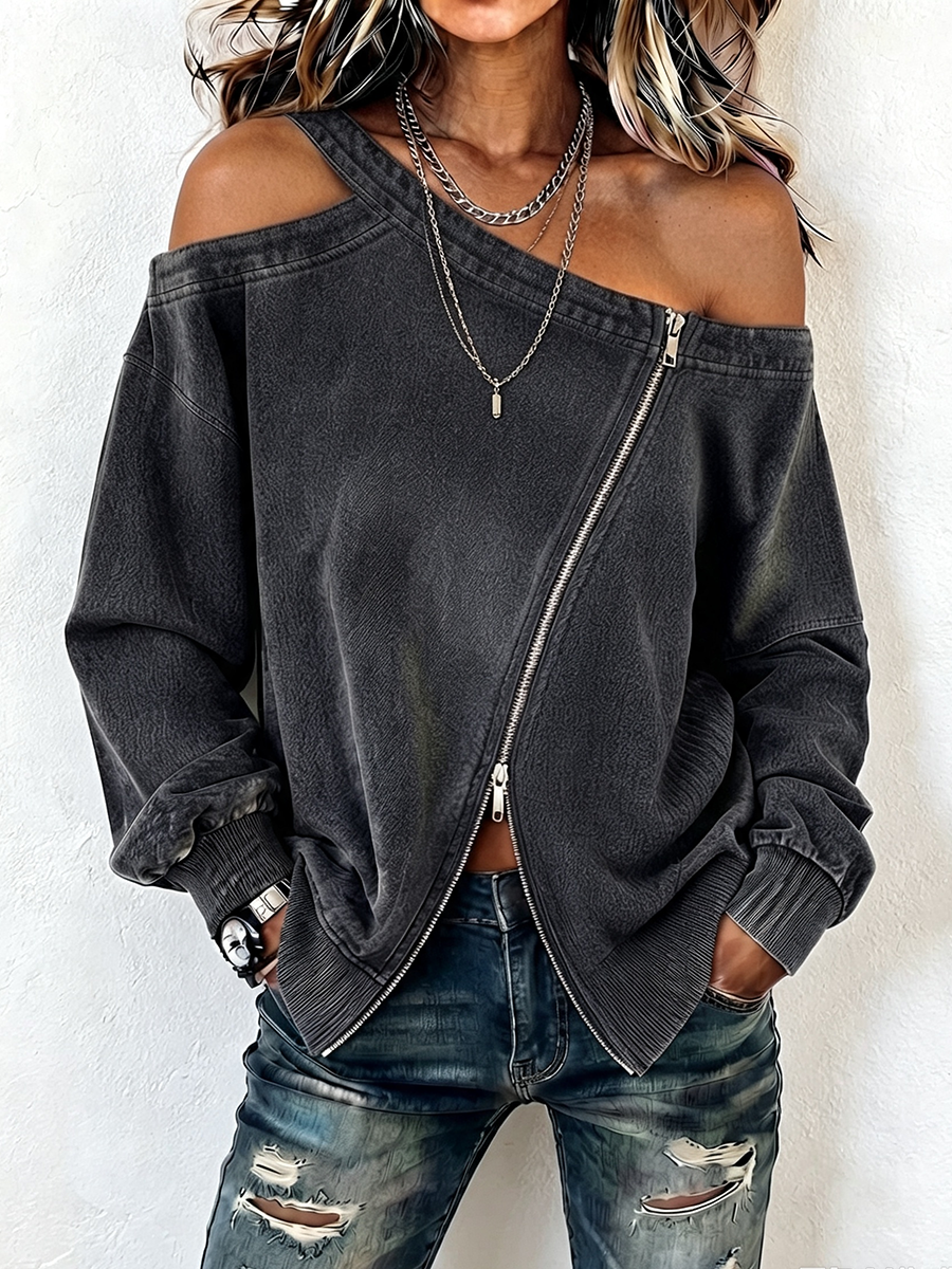 Edgy Chic Asymmetric Cold-shoulder Zipper Sweatshirt