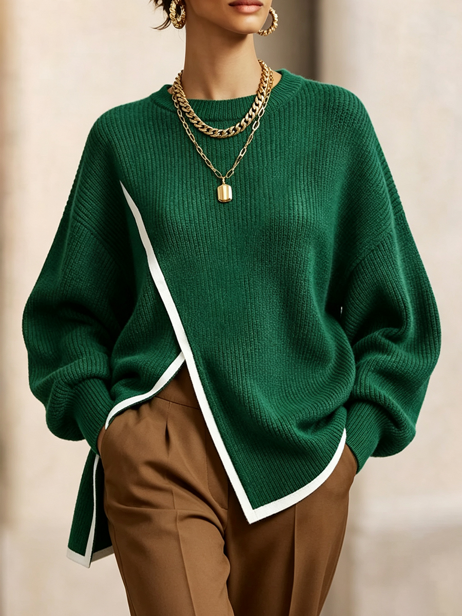 Chic Trimmed Asymmetrical Hem Oversized Sweater Top