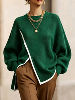 Chic Trimmed Asymmetrical Hem Oversized Sweater Top