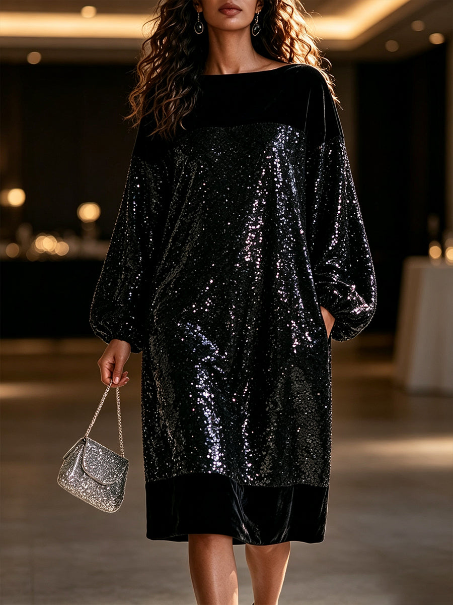 Elegant Sequin-paneled Velvet Midi Dress