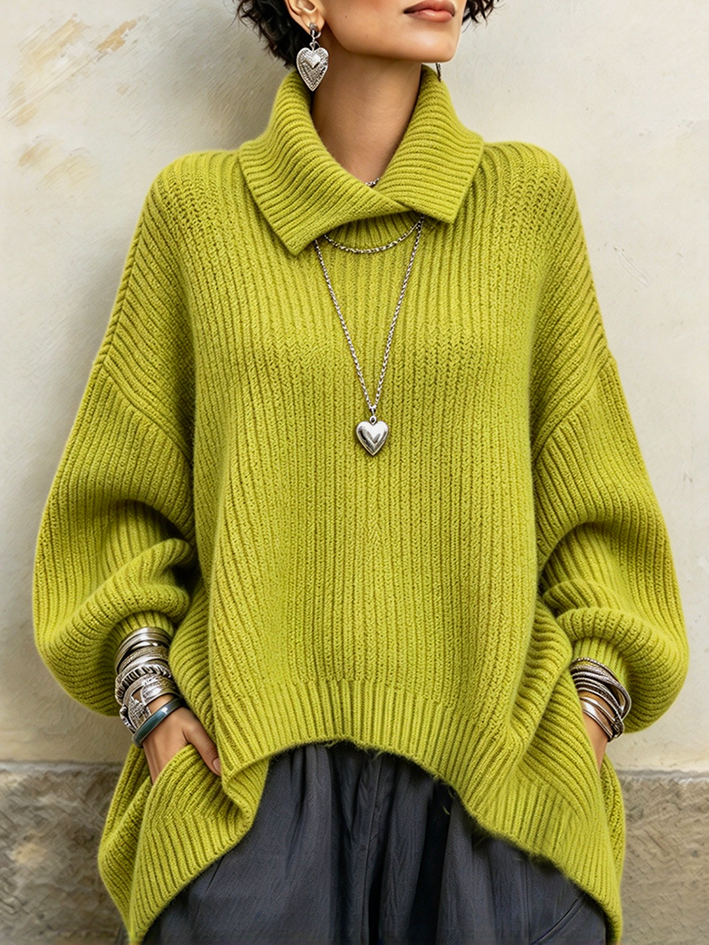 Relaxed Cozy Asymmetrical Collar Ribbed Knit Pullover