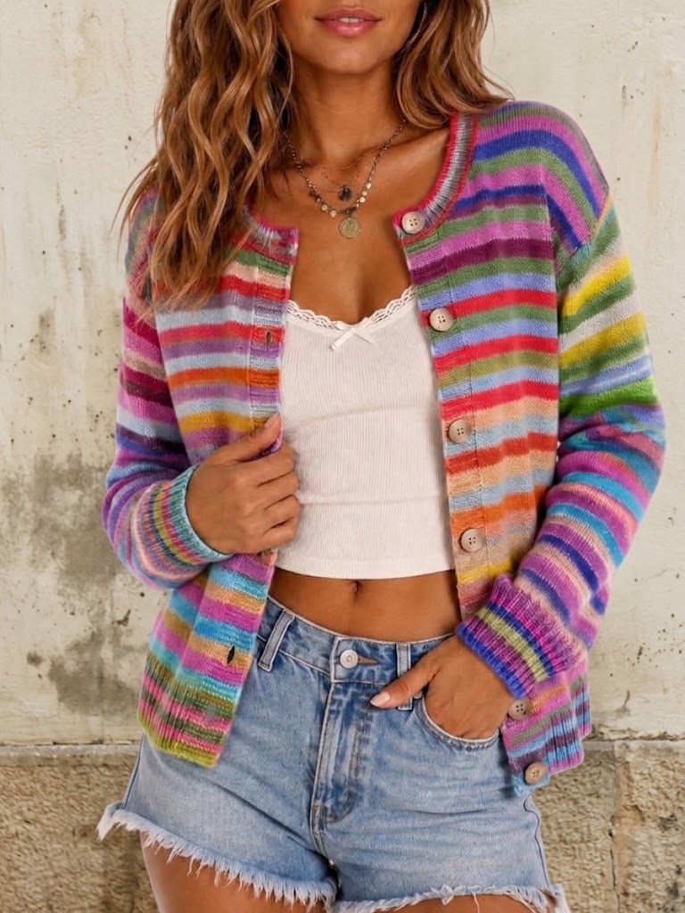 Multicolor Crew-neck Striped Knitted Cardigan