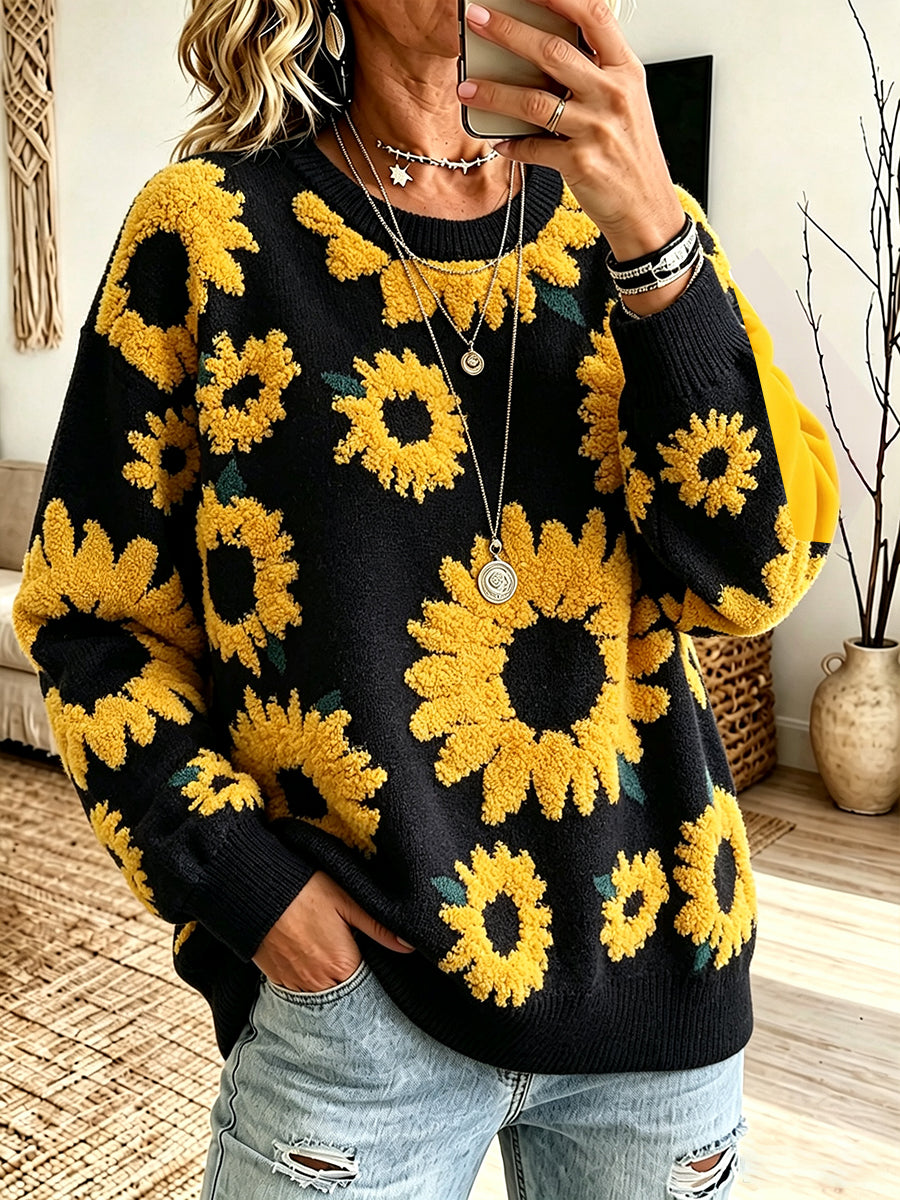 Casual And Comfortable Crew-neck Knit Top With 3d Sunflower Jacquard