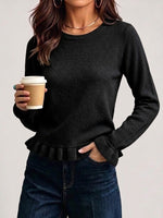 Solid-color Crew-neck Long-sleeve Knit Sweater With Ruffle Details