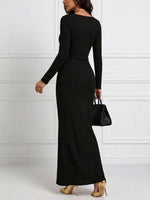 One-shoulder Ribbed Long-sleeve Maxi Dress With A Waist-cinching Fit, Rhinestone Button Detail, And A Side Slit