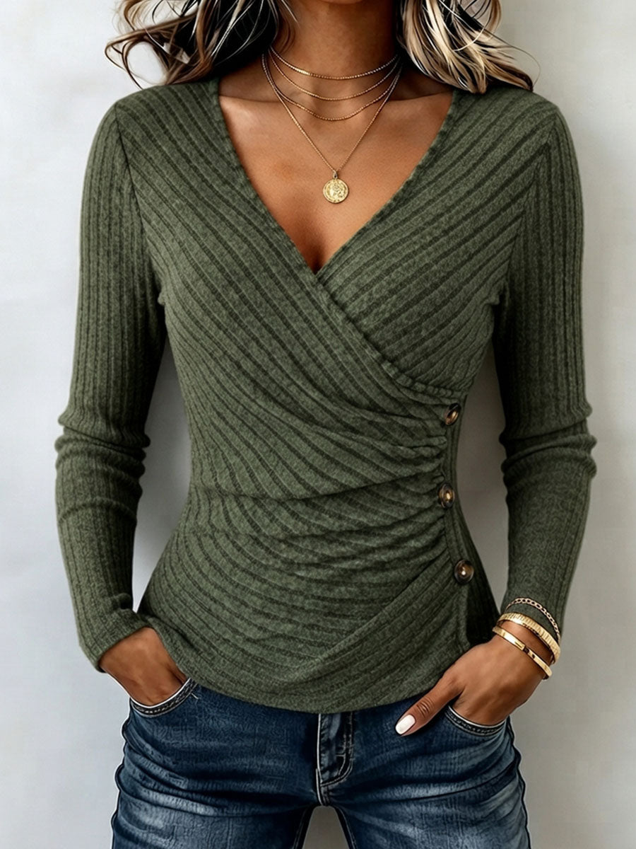 Cozy Ribbed Wrap Top With Chic Side Button