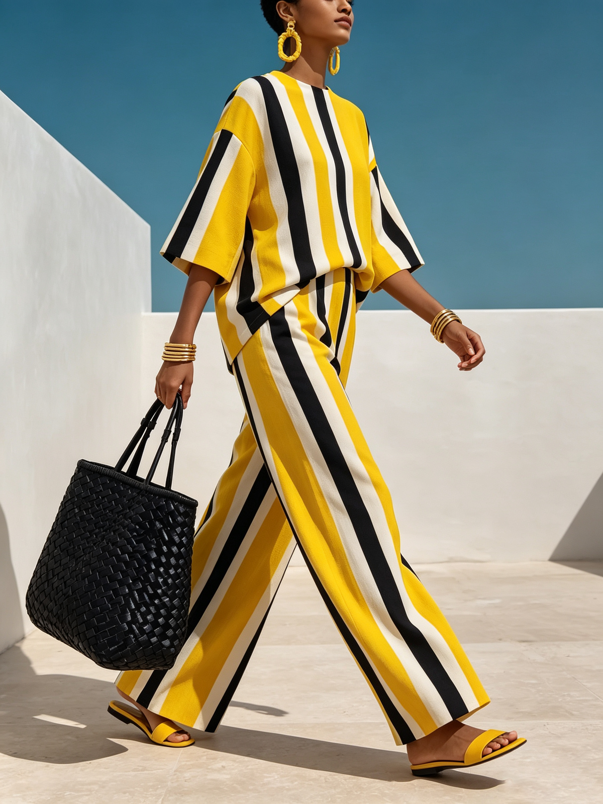 Vibrant Resort Striped Top And Wide-leg Pants Set