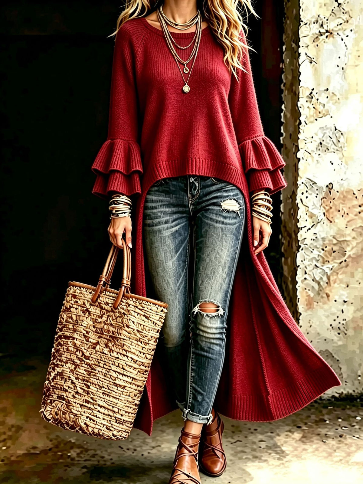 Chic Long-line Knitted Cardigan With Multi-layered Ruffled Sleeves