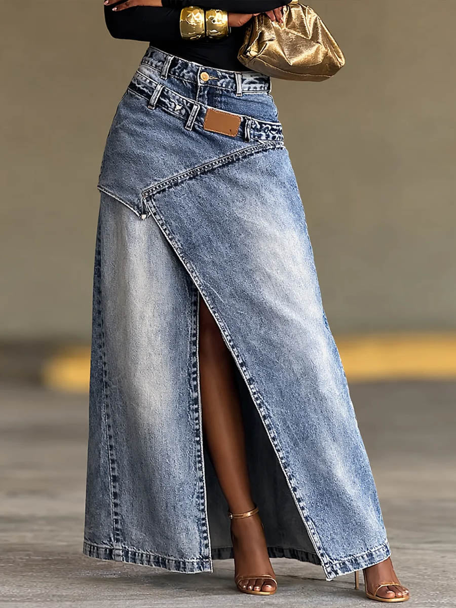 Women's high-waisted loose-fitting casual denim slit skirt