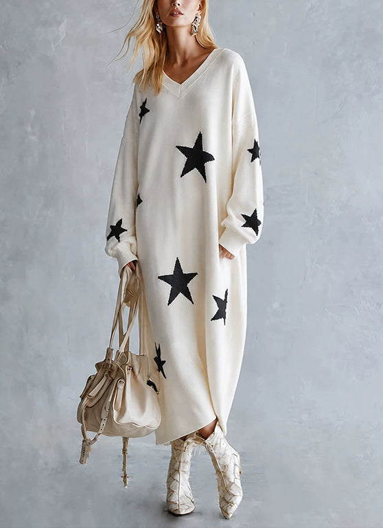 Cozy Star-patterned Loose-fit Knitted Maxi Dress