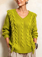 Chic Fringe Cable-Knit V-Neck Sweater