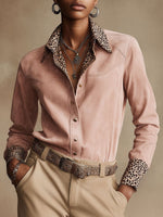Chic Leopard-print Paneled Faux-suede Shirt