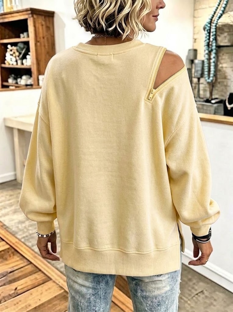 One-shoulder Sweatshirt With A Side Zipper And Lantern Sleeves