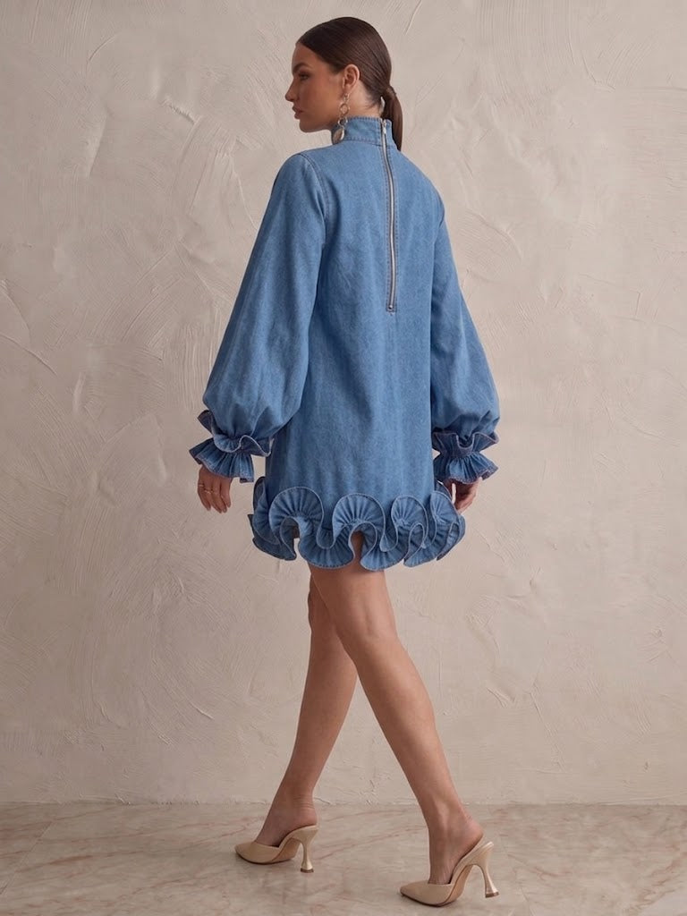 Elegant Ruffled Denim Dress