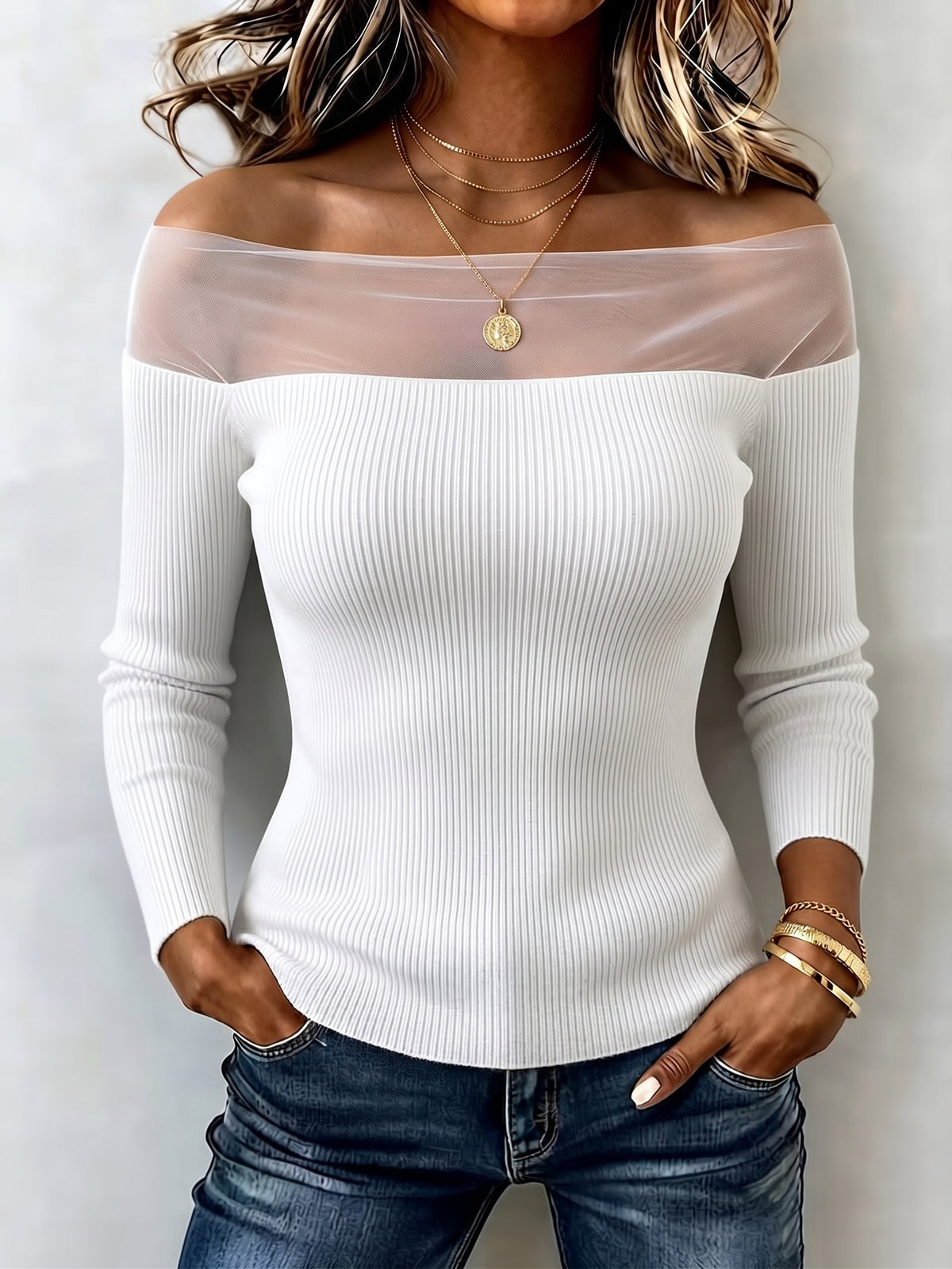 Elegant Mesh Panel Off-shoulder Ribbed Top